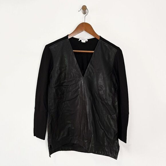 Helmut Lang Black Genuine Leather Long Sleeve V-Neck Top - Picture 1 of 9